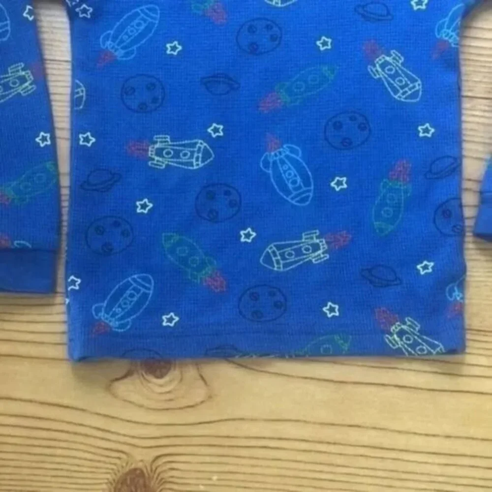 Boys Blue Rocket Ship Long Sleeve Top Graphic Tee Space Pattern‎